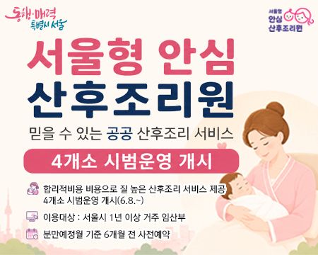 서울형 안심 산후조리원
믿을 수 있는 공공 산후조리 서비스

4개소 시범운영 개시
합리적 비용으로 질 높은 산후조리 서비스 제공
4개소 시범운영 개시(6.8.~)
이용대상: 서울시 1년 이상 거주 임산부
분만예정일 기준 6개월 전 사전예약