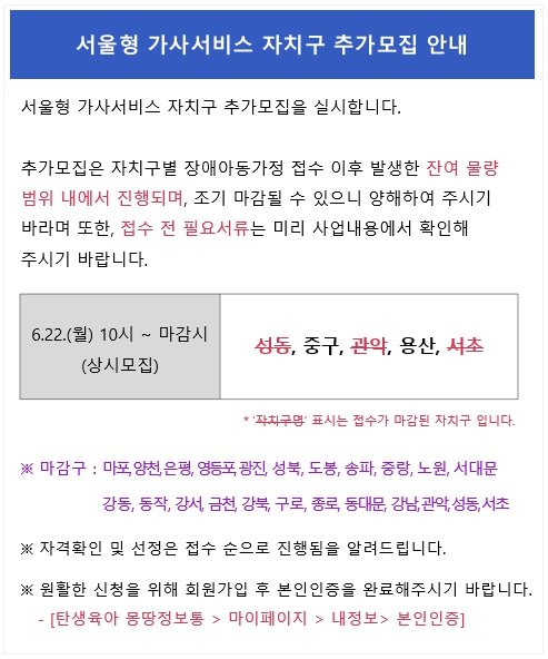 서울형 가사서비스 자치구별 추가모집을 실시합니다. 추가모집은 자치구별 장애아동가정 접수 이후 발생한 잔여 물량
범위 내에서 진행되며, 조기 마감될 수 있으니 양해하여 주시기 바랍니다.