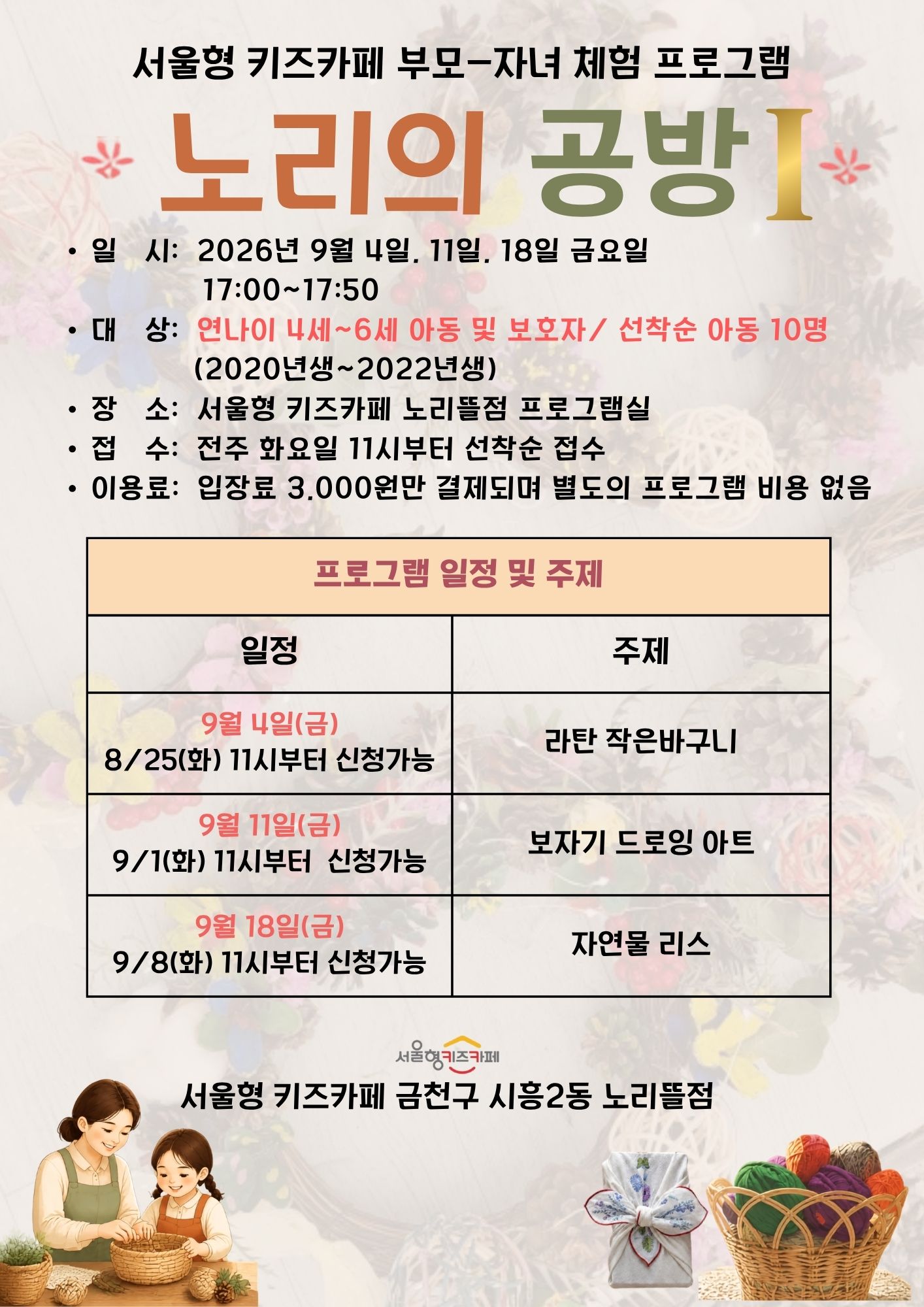 서울형키즈카페 부모-자녀 체험프로그램 노리의 공방1. 일시: 2026년 9월 4일, 11일, 18일 금요일 17:00~17:50 대상: 연나이 4~6세 아동 및 보호자/ 선착순 아동 10명 장소: 서울형 키즈카페 노리뜰점 프로그램실 접수: 전주 화요일 11시부터 선착순 접수 이용료:입장료 3,000원만 결제되며 별도 프로그램비용 없음